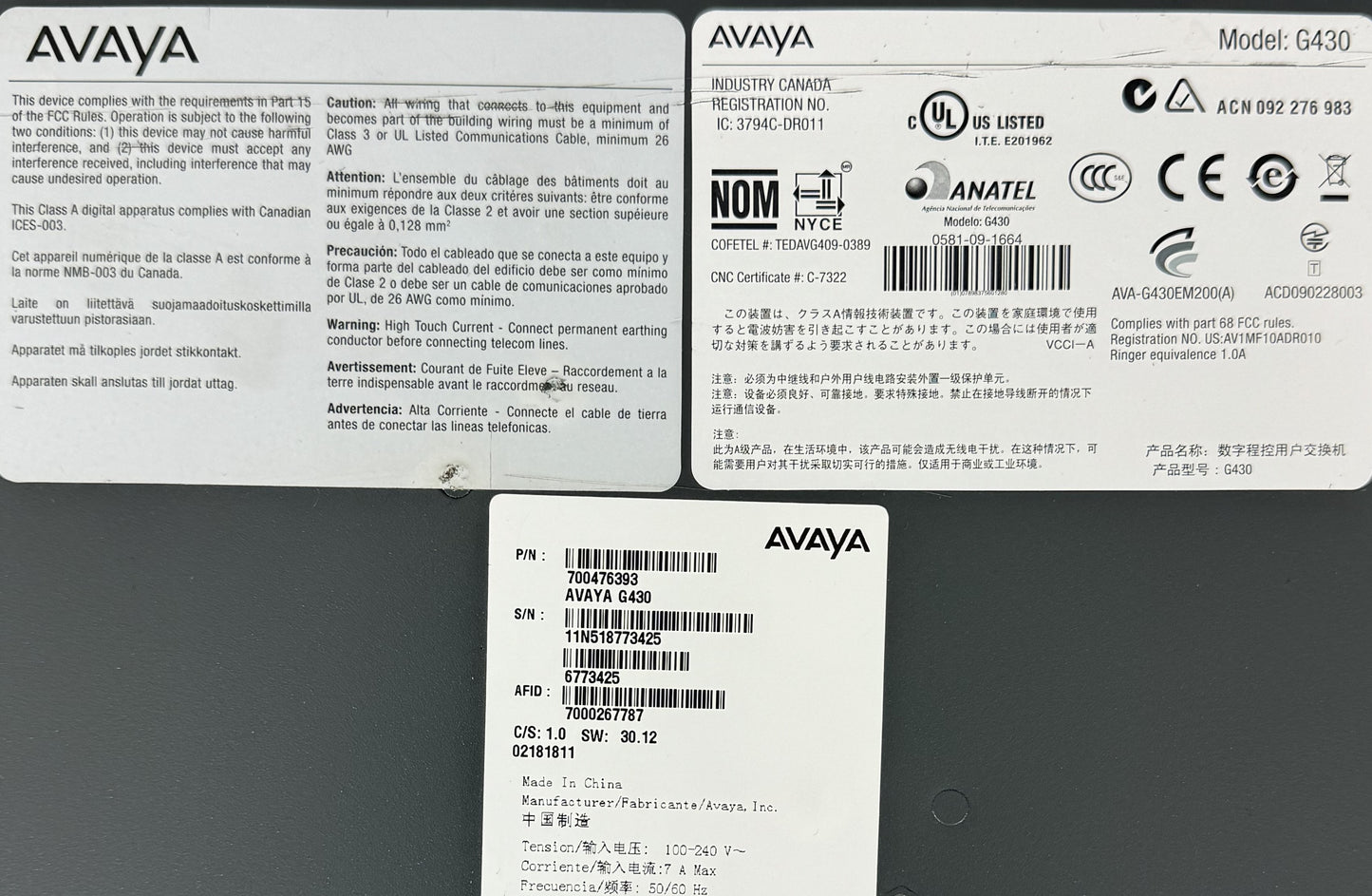 Avaya G430 Media Gateway w/ modules 2xMM711 Analog HV44 1x MM710B E1/T1 HV14