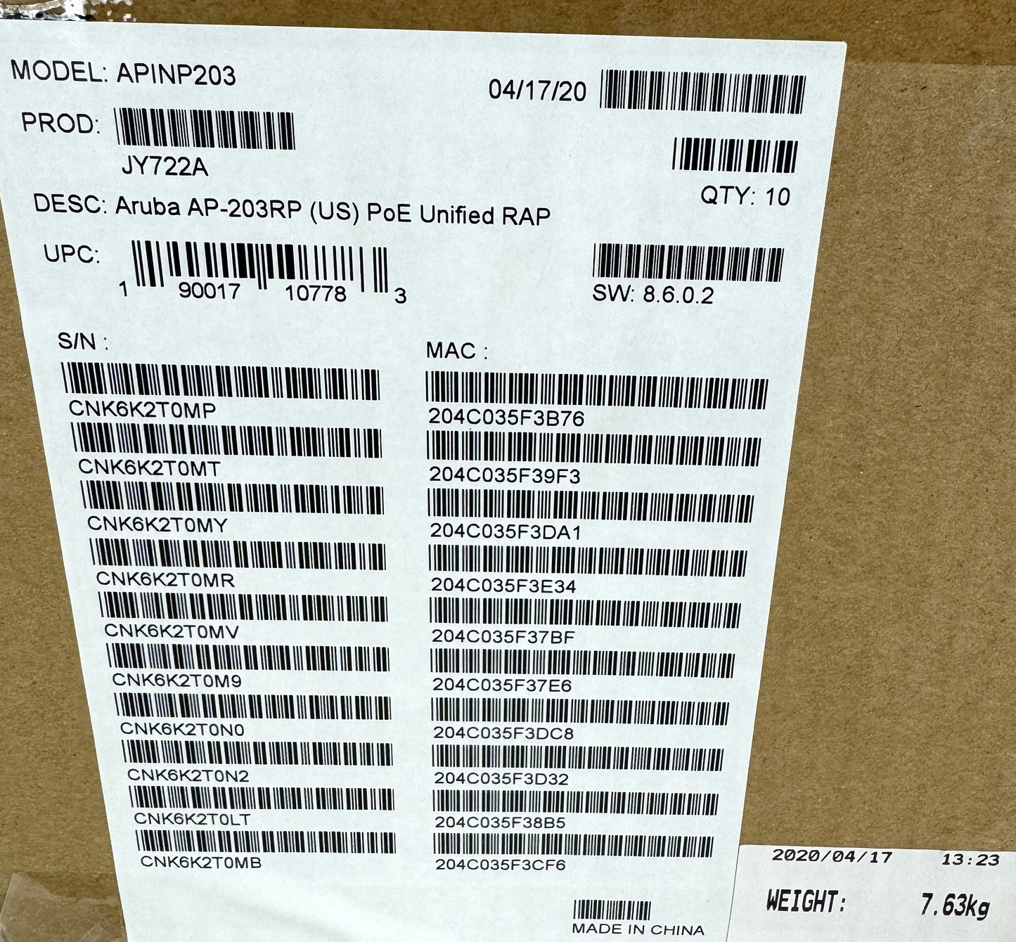 x10 Aruba AP-203RP US PoE Unified RAP Wireless Access Point JY722A APINP203