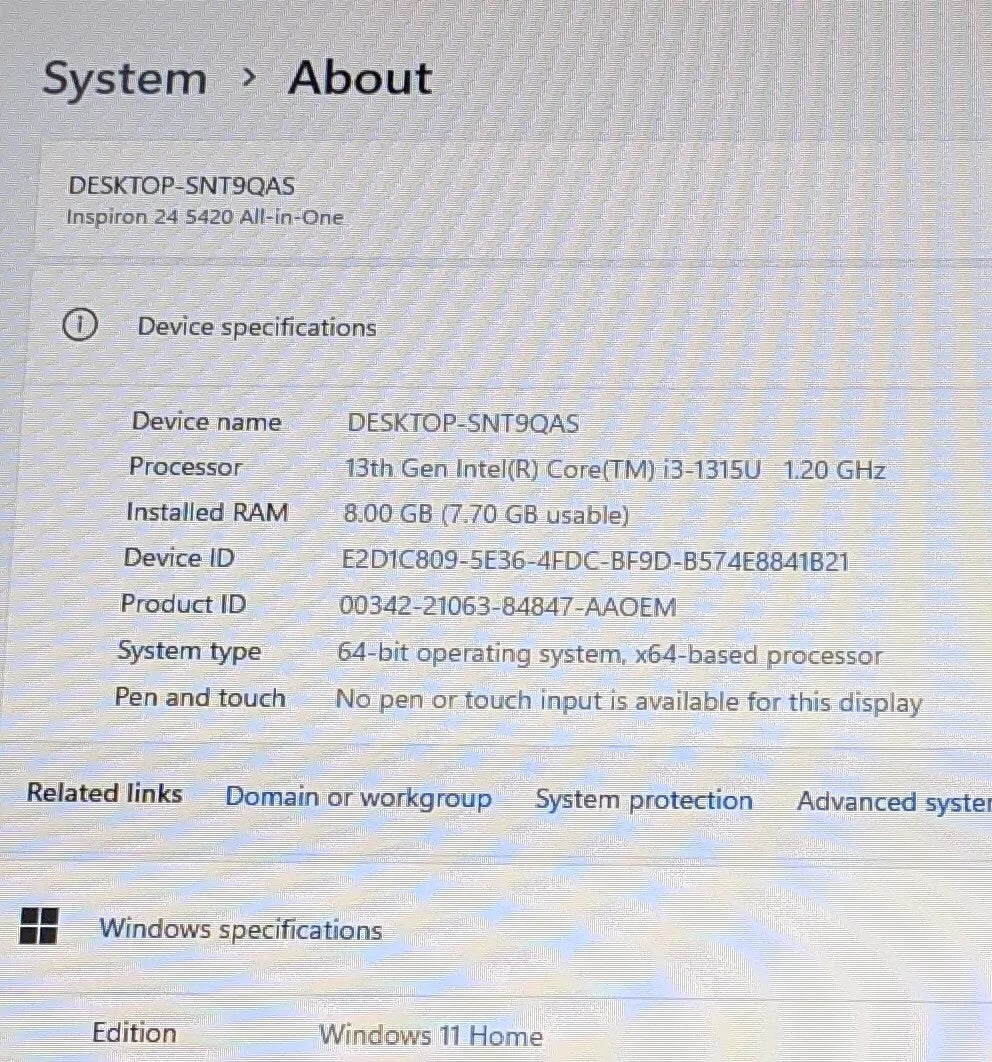 Dell Inspiron 24 5420 23.8 i3-1315U 8GB RAM 512GB SSD
