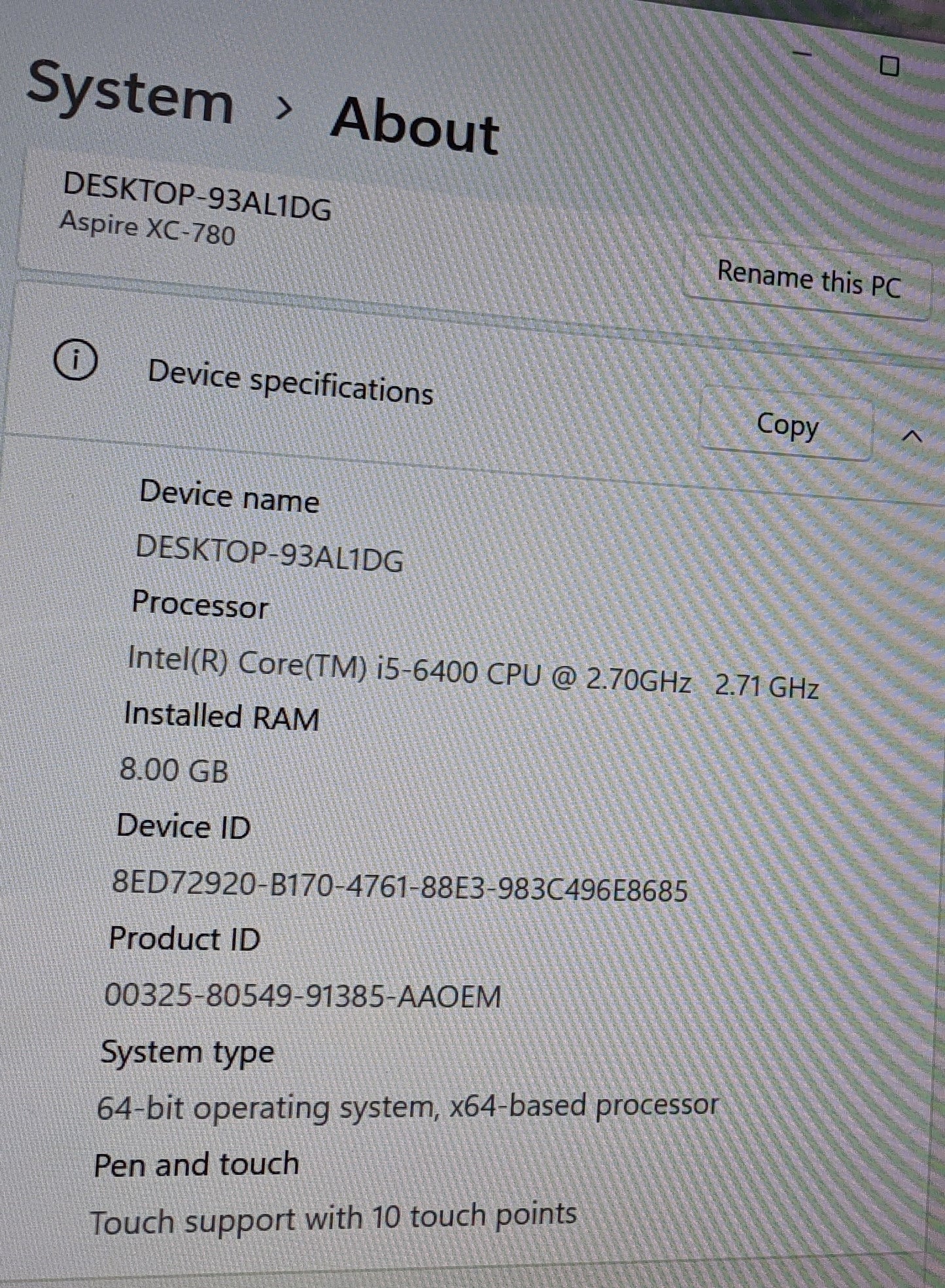 ACER ASPIRE XC DESKTOP I5-6400@2.7GHZ, 8GB, 2TB