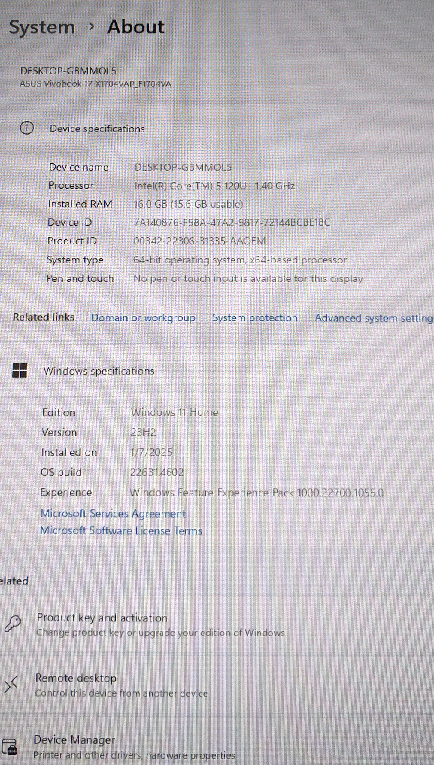 ASUS VIVOBOOK F1704V i5-120U, 16GB, 512GB -SCRATCHED