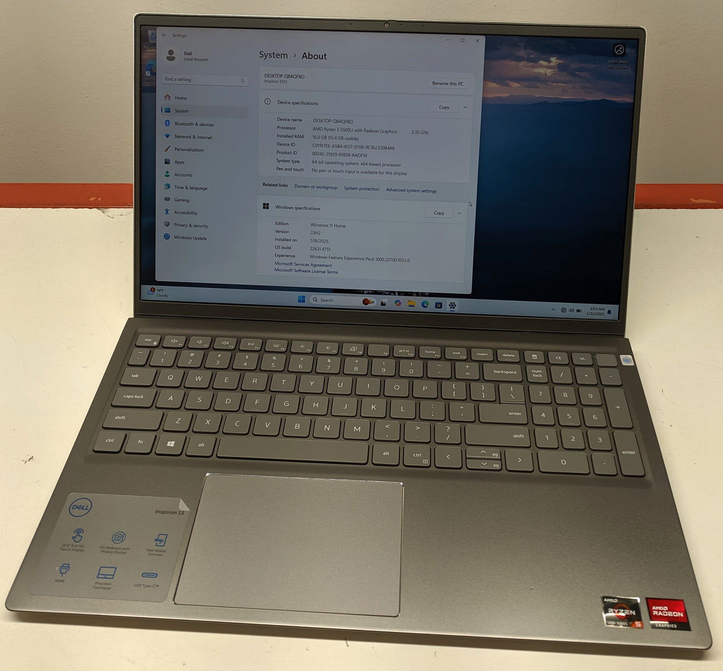 DELL INSPIRON 5515 LAPTOP 15.6 AMD R5-5500U@4.0GHZ, 16GB, 512GB-SCRATCHED