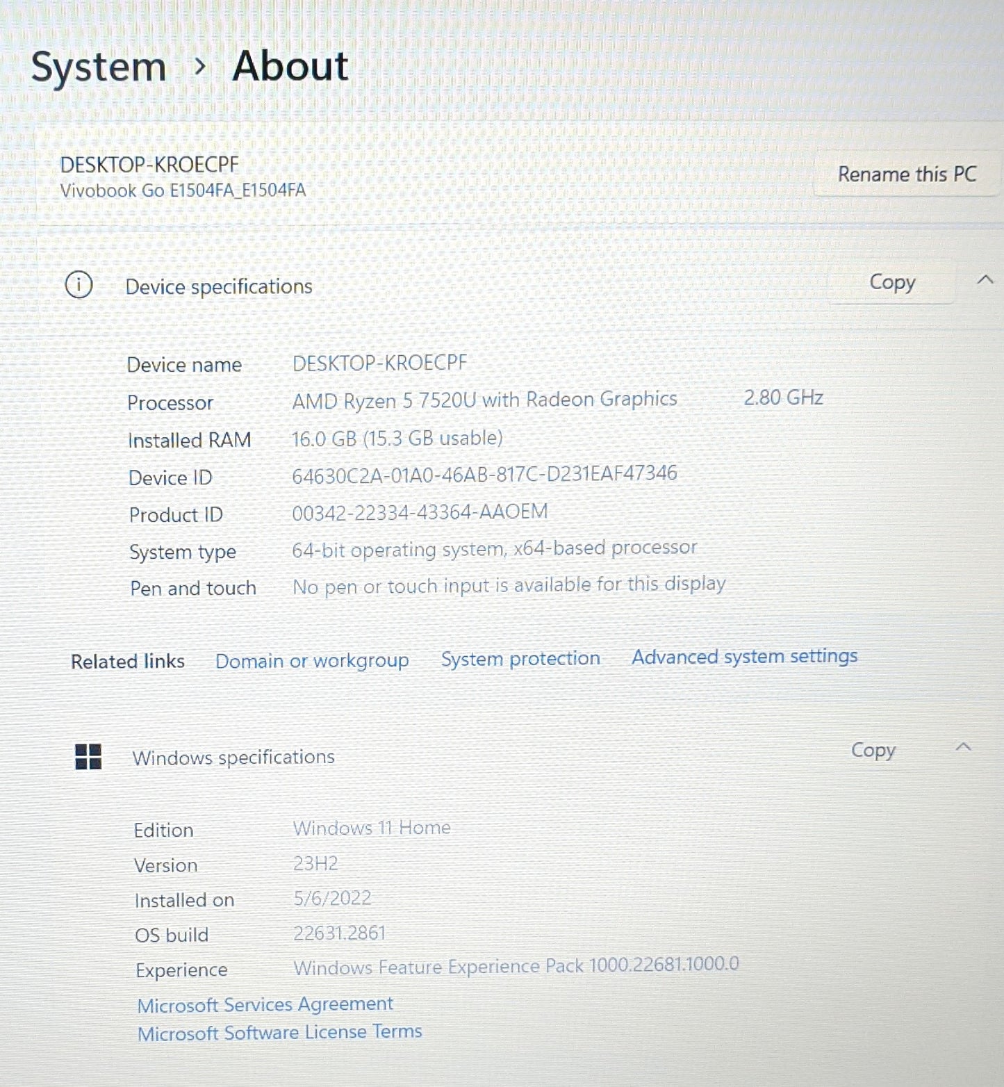 ASUS VIVOBOOK E1504F R5-7520U 16 GB, 512GB SSD