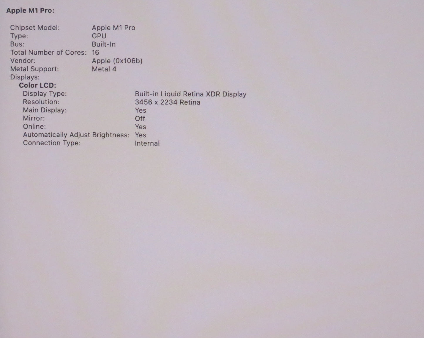 Apple Macbook Pro 2021 16in Retina XDR M1 Pro 16GB RAM 512GB macOS A2485