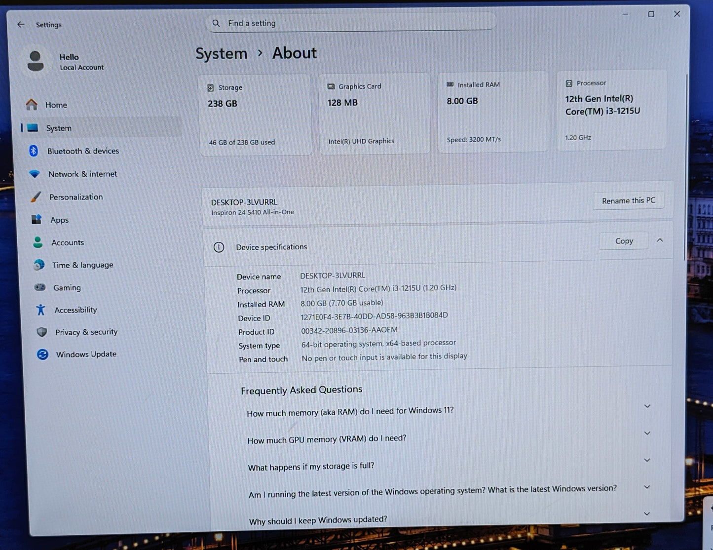 DELL INSPIRON 24 5410 23.8in i3-1215U 8GB RAM 256GB SSD