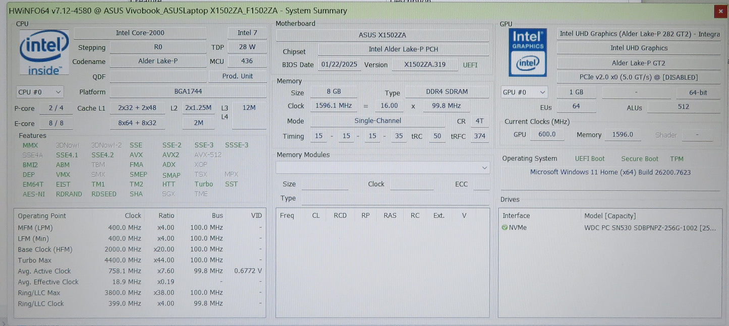 ASUS Vivobook 15 F1502ZA 15.6in i3 1220P 1.2GHz 8GB 256GB Win11