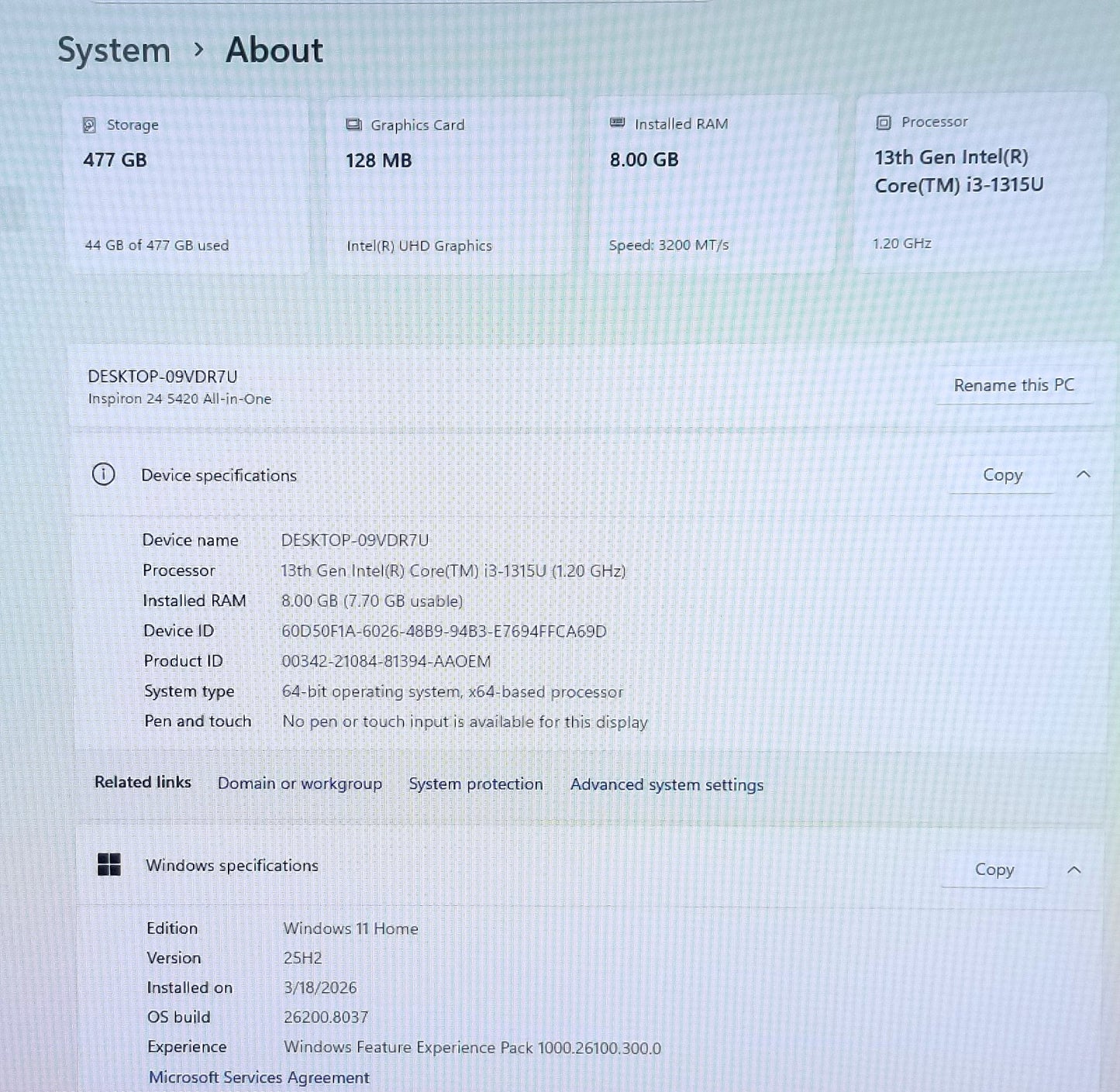 DELL INSPIRON 5420 23.8 IN i3-1315U, 8GB, 512GB