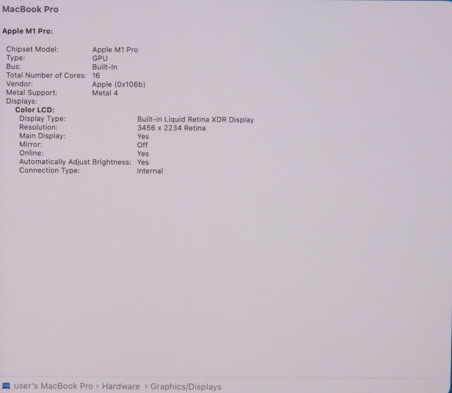 Apple Macbook Pro 2021 16in Retina XDR M1 Pro 16GB RAM 512GB macOS A2485