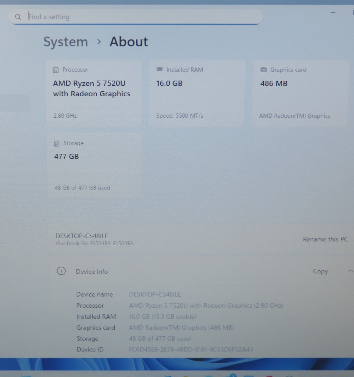 ASUS VivoBook GO 15 E1504F 15.6in Ryzen 5 7520U 2.8GHz 16GB RAM 512GB W11 Home