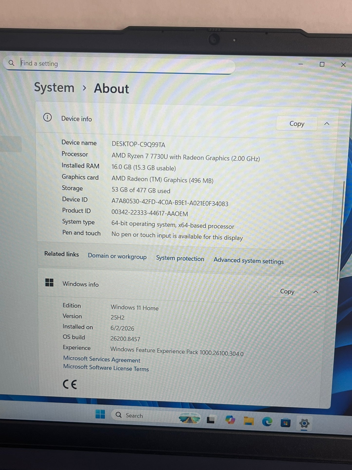 Ideapad Slim 3 15ABR8 15.6in FHD AMD Ryzen 7 7730U 2GHz 16GB RAM 512GB SSD