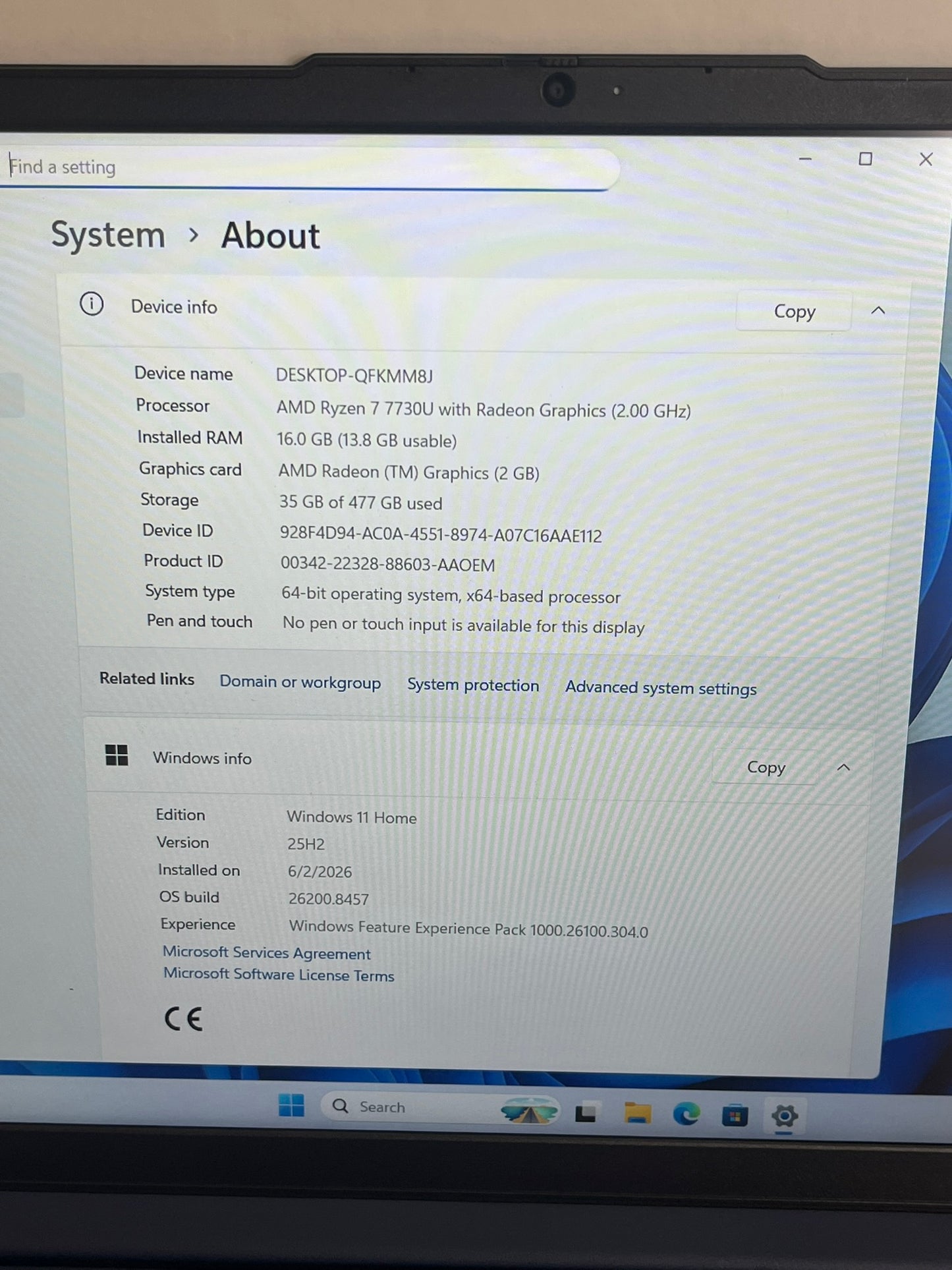 Ideapad Slim 3 15ABR8 15.6in FHD AMD Ryzen 7 7730U 2GHz 16GB RAM 512GB SSD