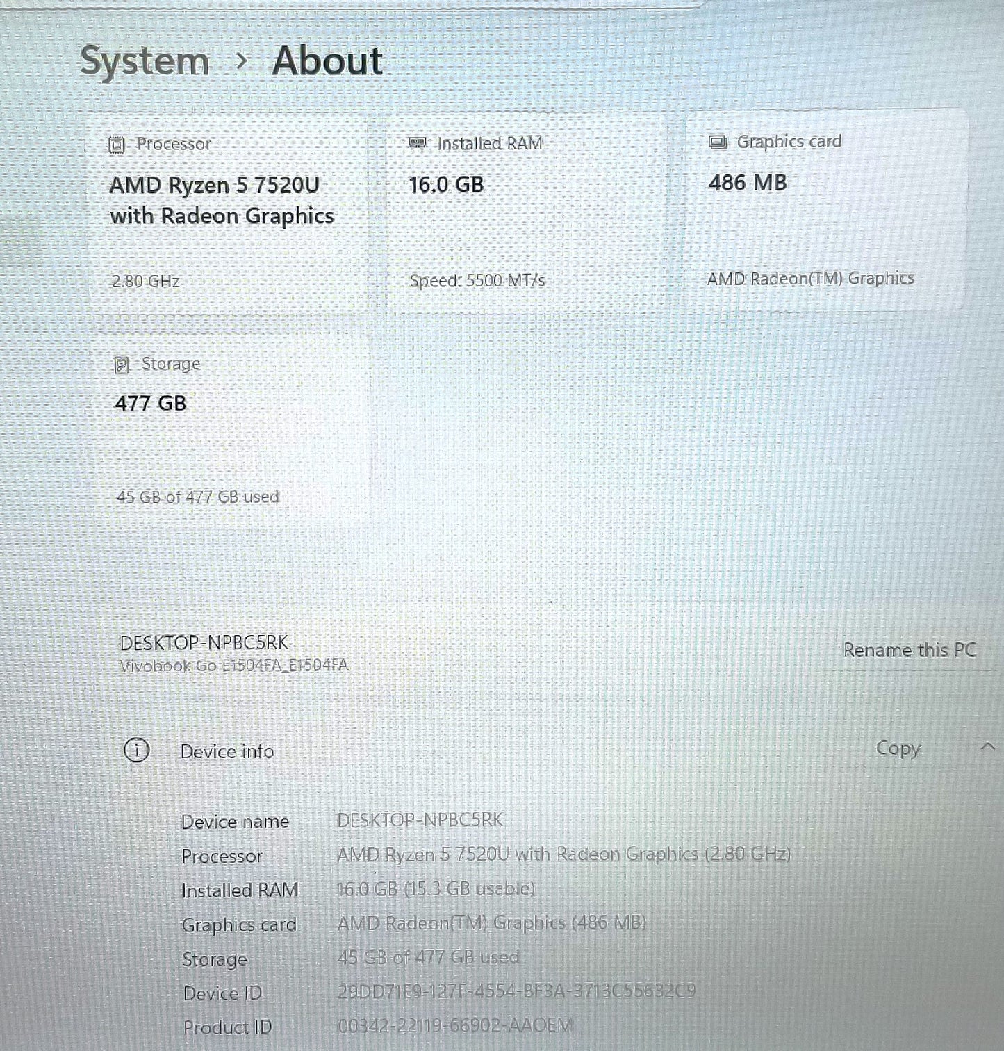 Asus Vivobook E1504F R5-7520U, 16GB Memory, 512GB SSD