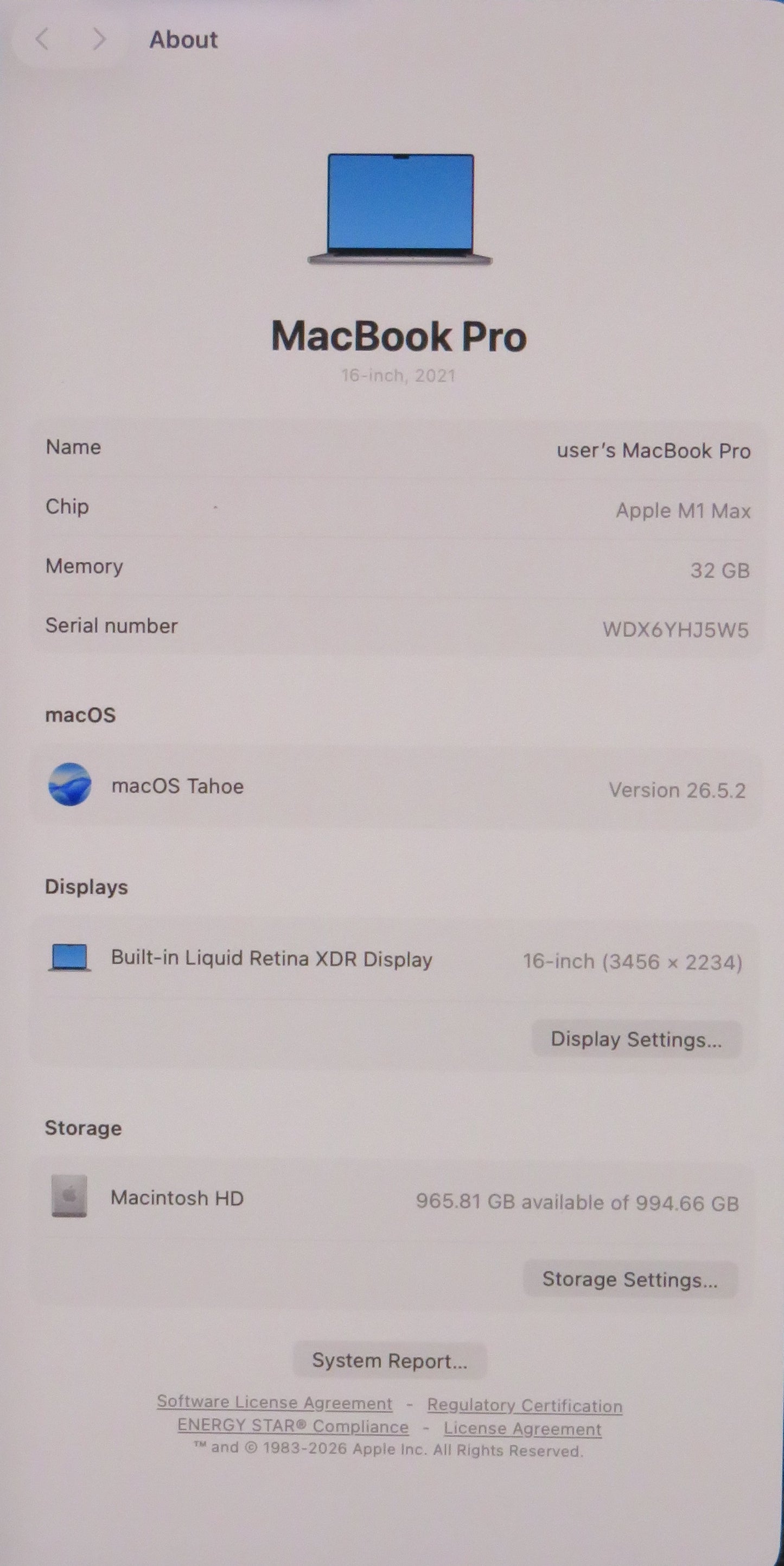 Apple Macbook Pro 2021 16in Retina XDR M1 Max 32GB RAM 1TB macOS A2485