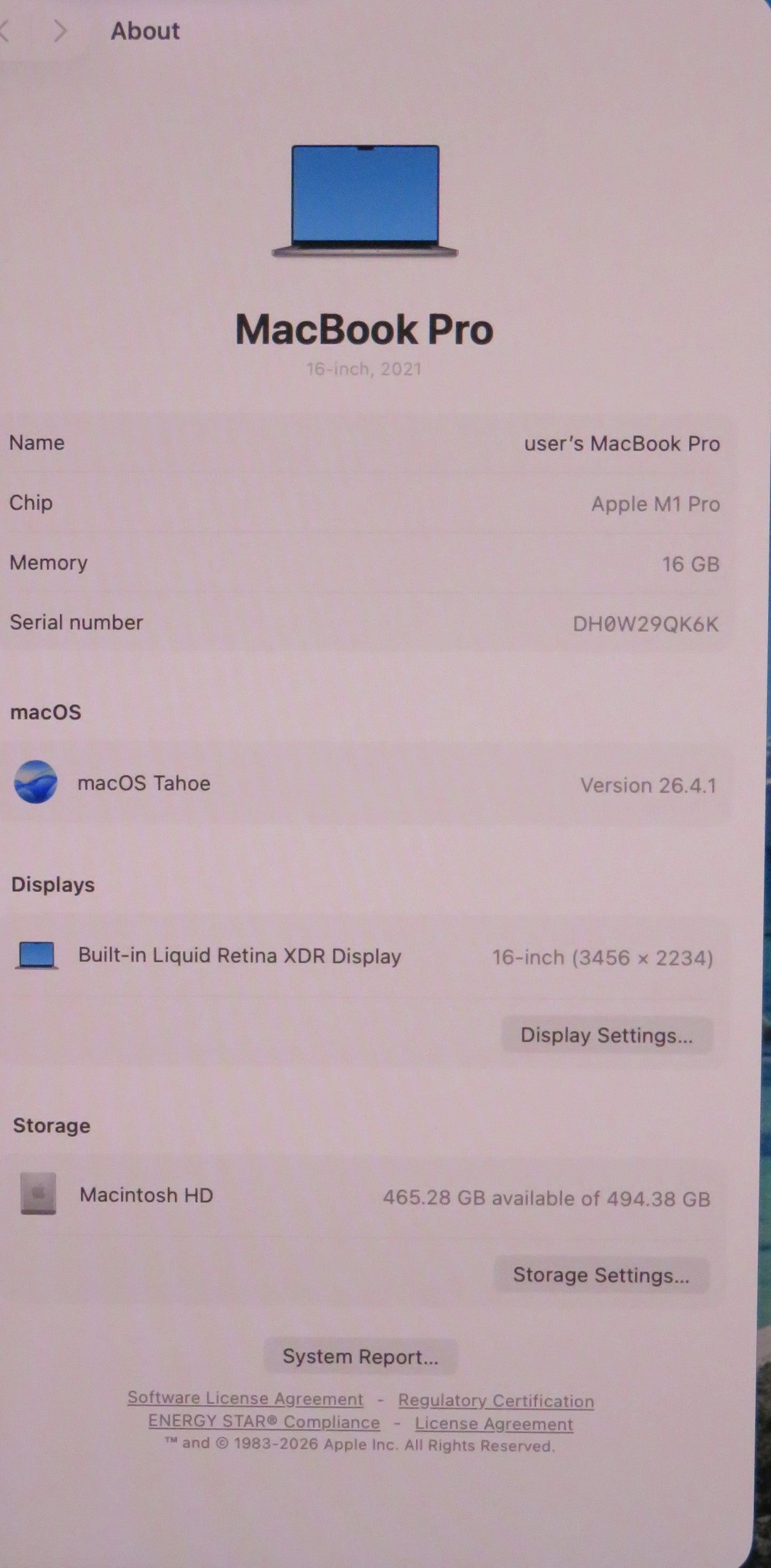 Apple Macbook Pro 2021 16in Retina XDR M1 Pro 16GB RAM 512GB macOS A2485