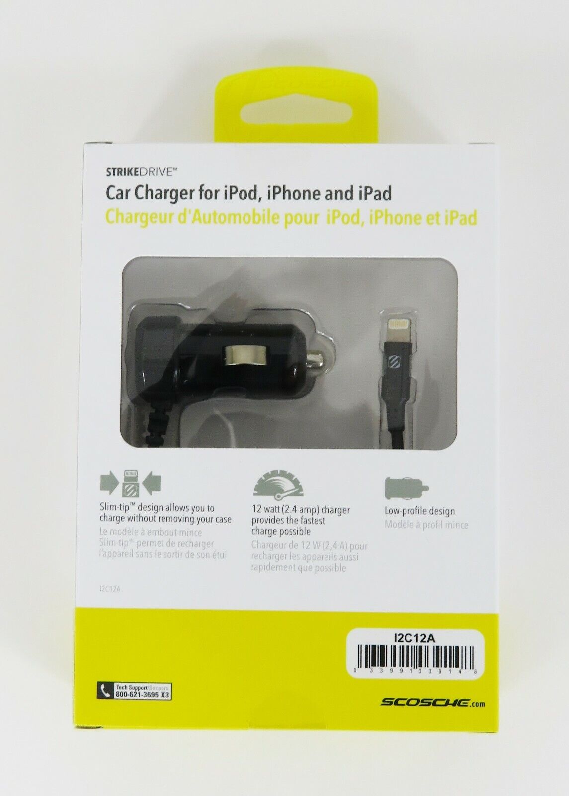 NEW Scosche I2C12A, Lightning Car Charger 12W 2.4A Extends 1-3'