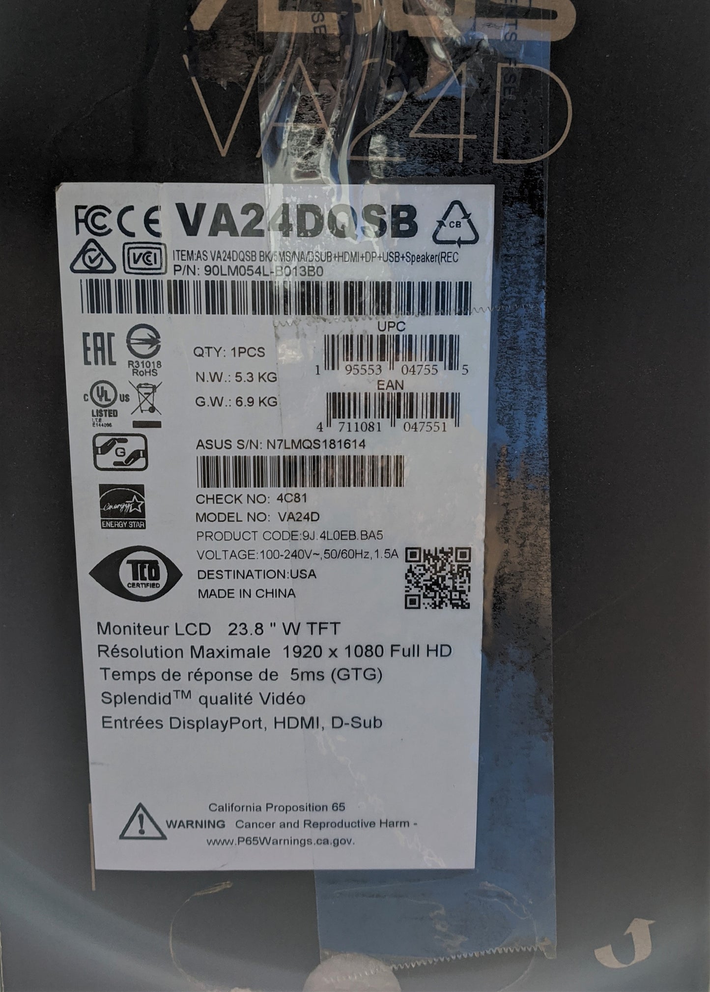 ASUS VA24DQSB 23.8" LCD MONITOR