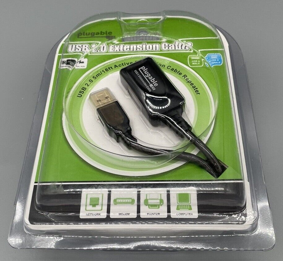 Plugable 5 Meter (16ft) USB 2.0 Active Extension Cable Type A Male to A Female