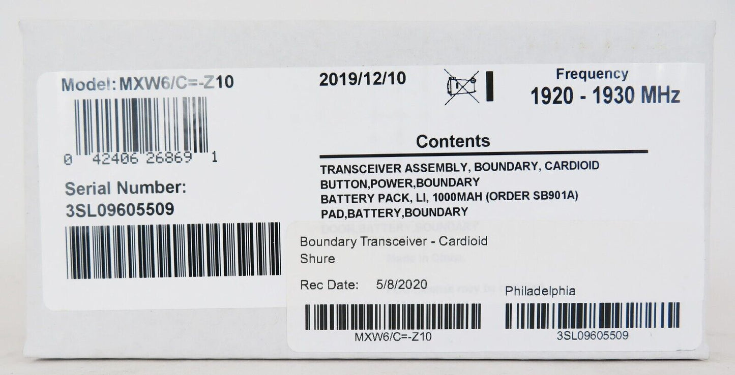 SHURE MXW6/C=-Z10 Wireless Boundary Transmitter Cardioid Z10: 1920-1930 MHz