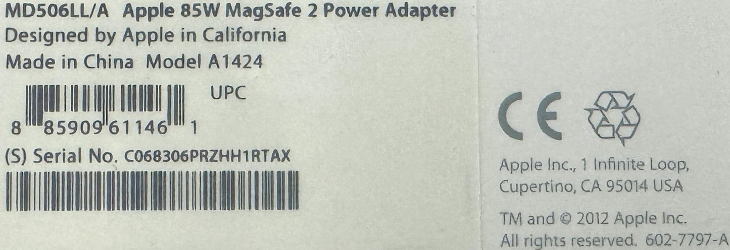 NEW Apple 85W MagSafe 2 Power Adapter MacBook Pro Retina/Air (MD506LL/A)