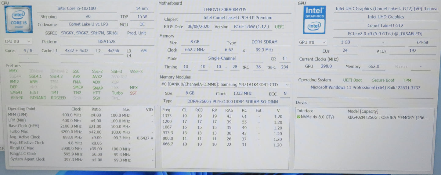 Lenovo ThinkPad E14 20RA004YUS 14in i5-10210U @1.6GHz 8GB RAM 256GB Win 11 Pro