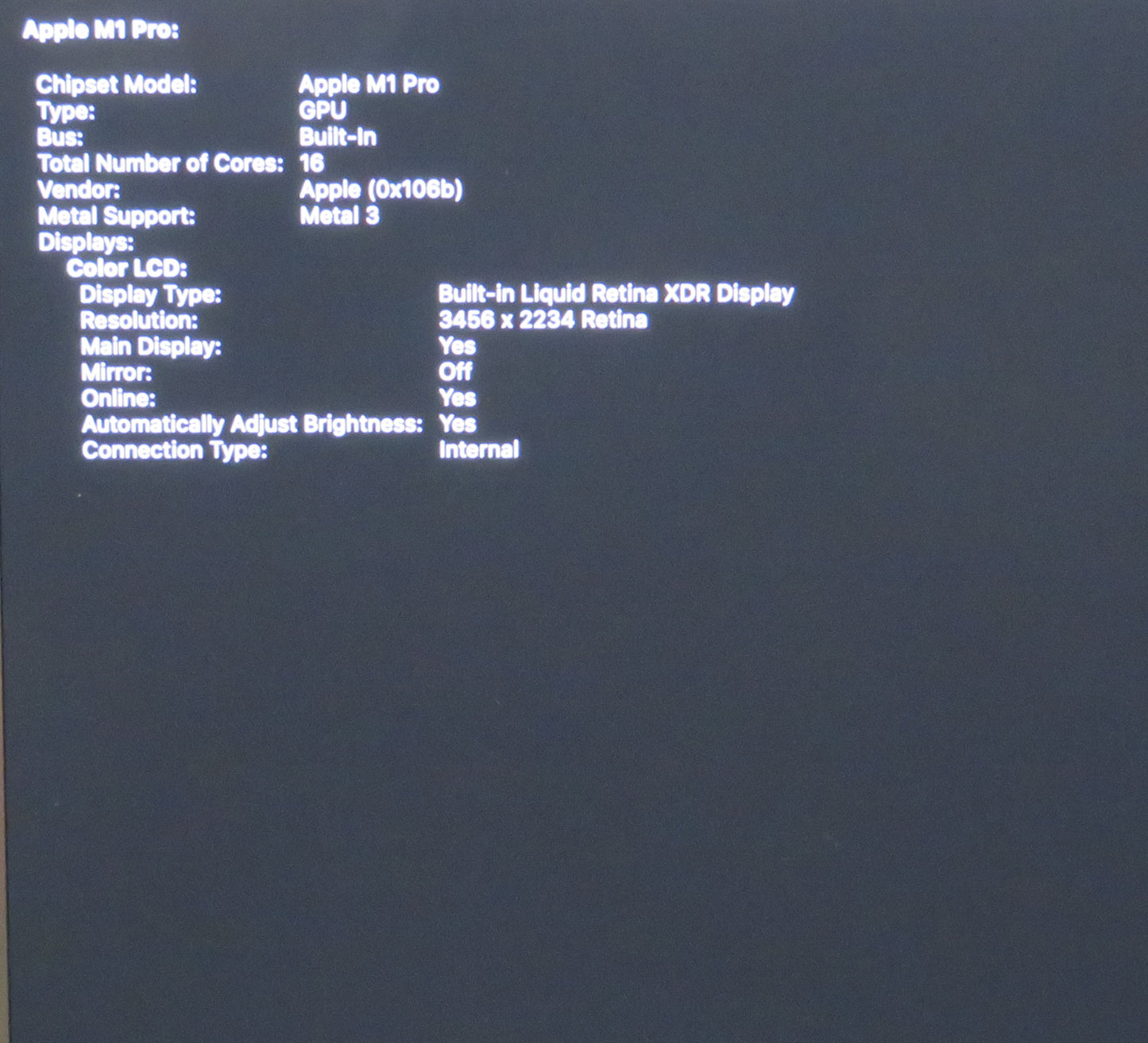 Apple Macbook Pro 2021 A2485 16in M1 Pro 16GB RAM 512GB SSD Sonoma