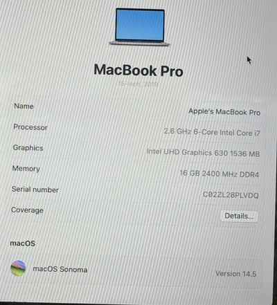 Apple Macbook Pro 2019 A1990 15in Retina 555X i7-9750H@2.4GHz 16GB 512GB Sonoma