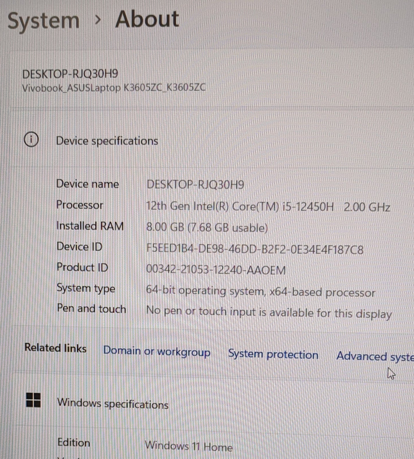 ASUS Vivobook K3605Z-i5-12450H, 4GB ,512GB SSD-Scratched