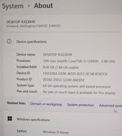 ASUS Vivobook K3605Z-i5-12450H, 4GB ,512GB SSD-Scratched