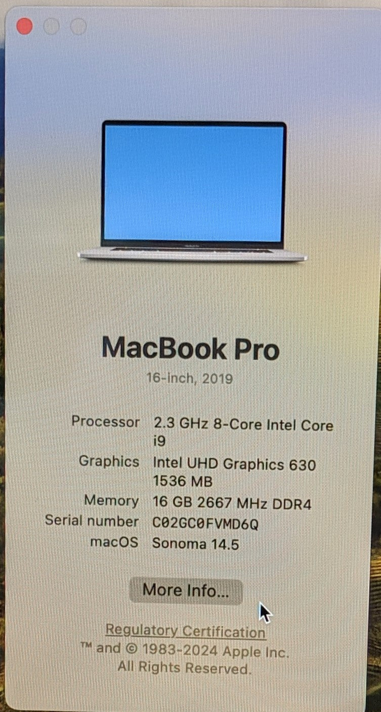 Apple Macbook pro 2019 (I9-9880H@2.30GHz, 16GB, 1TB)