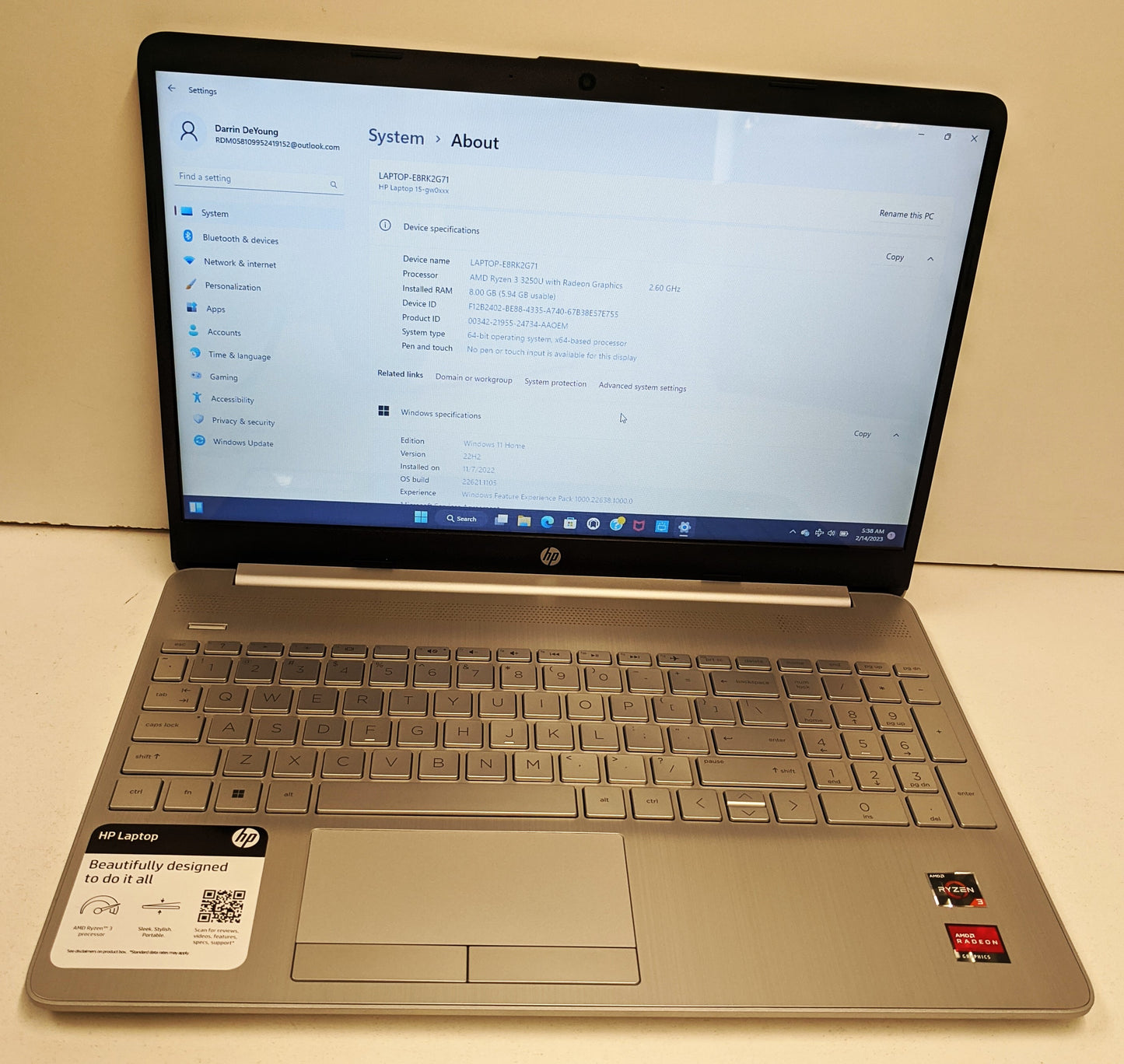 HP 15-GW0123OD LAPTOP ADM R3-325OU@2.6GHZ,8GB,1TB