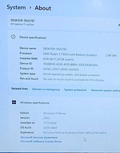 HP 17-CP2124OD R3-7320U@2.4GHZ,8GB,256GB