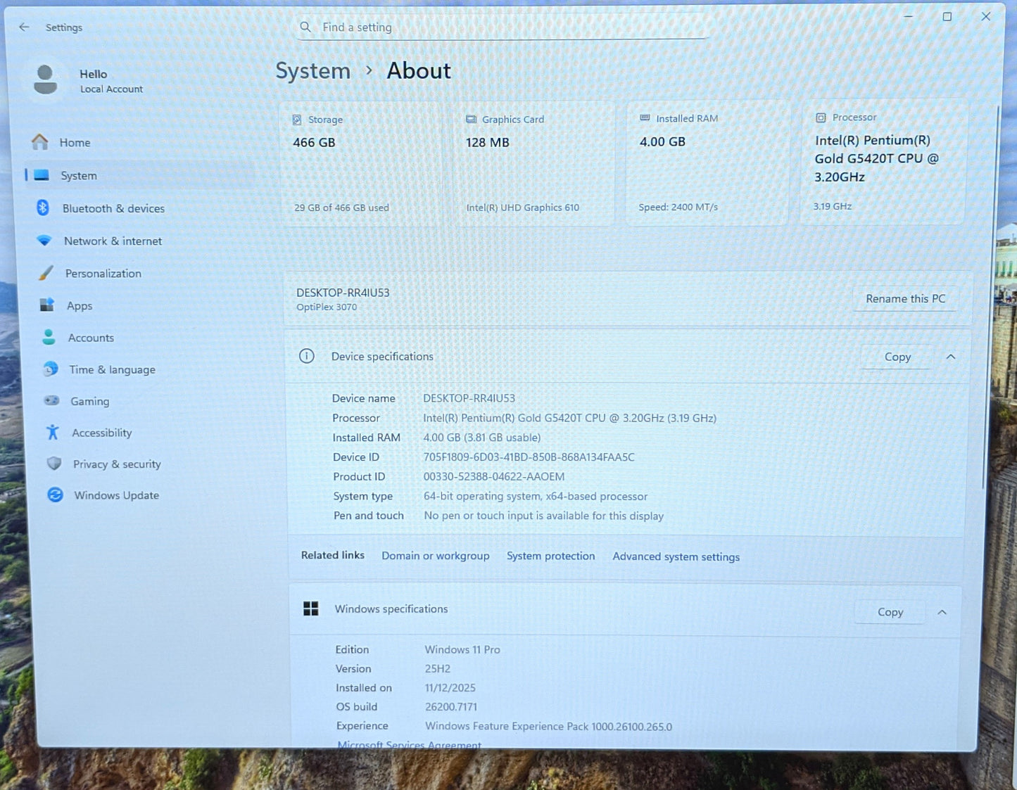 DELL OPTIPLEX 3070 MICRO DESKTOP PG-G5420T 4GB 500GB