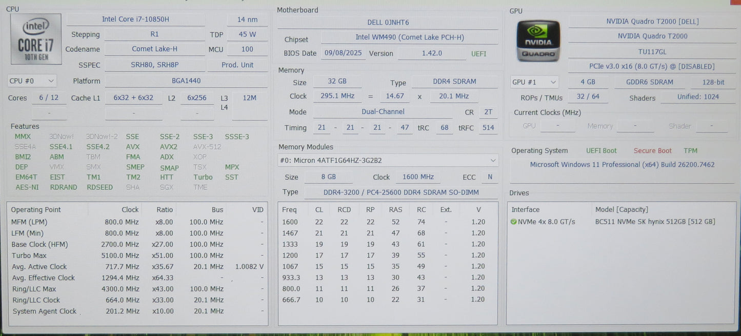 Dell Precision 7550 15.6in i7 10850H 2.7GHz 32GB RAM 512GB Win 11 Pro T2000