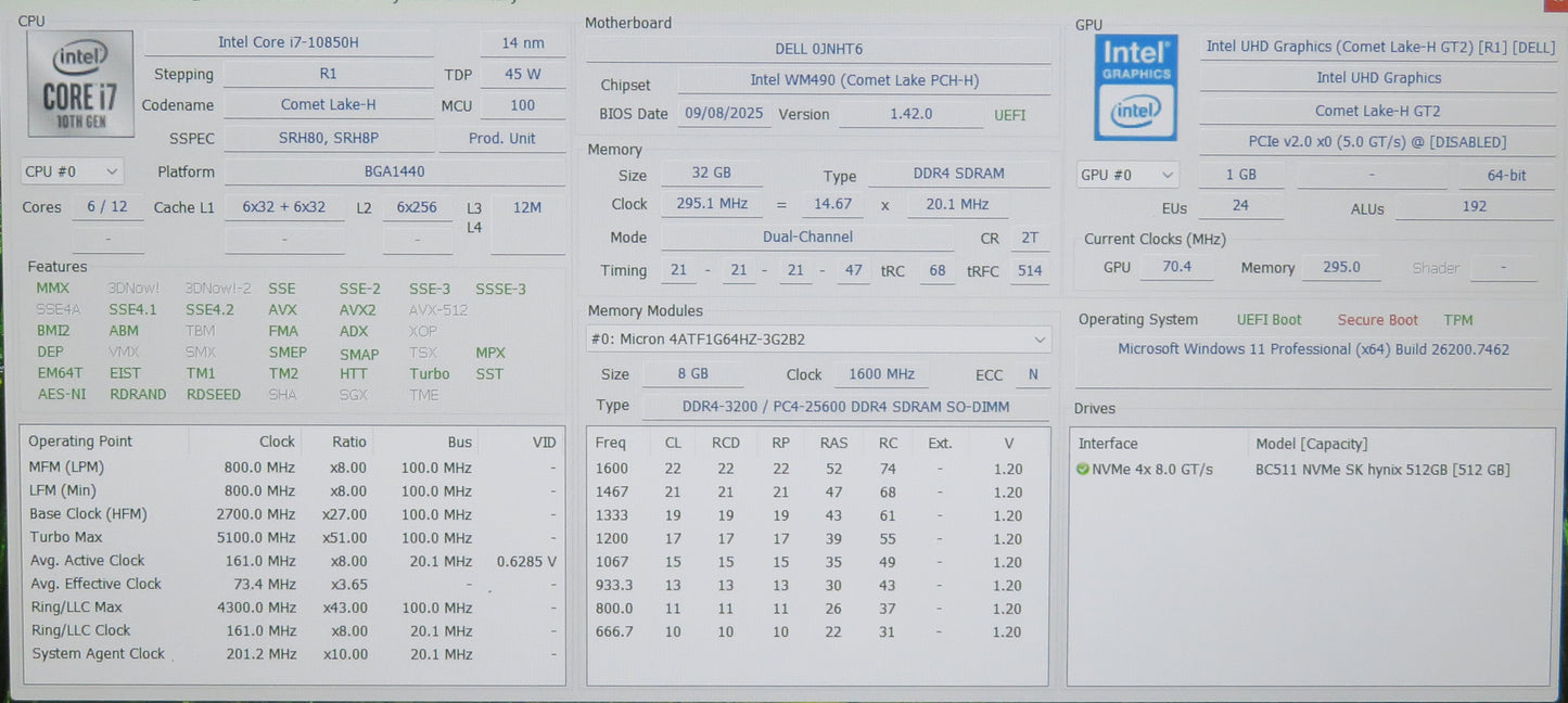 Dell Precision 7550 15.6in i7 10850H 2.7GHz 32GB RAM 512GB Win 11 Pro T2000