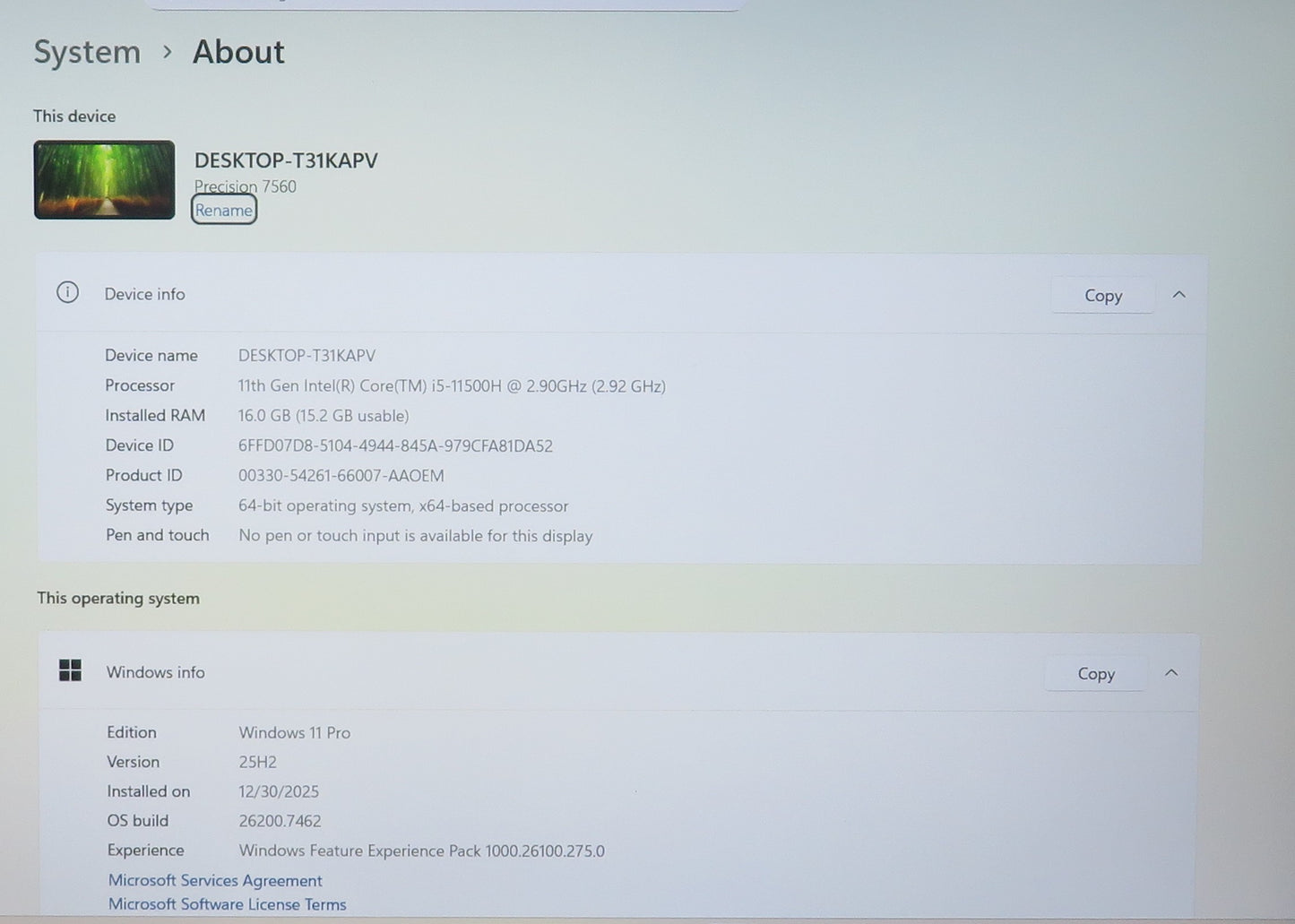 Dell Precision 7560 15in i5 11500H 2.9GHz 16GB RAM 256GB Win 11 Pro RTX A2000