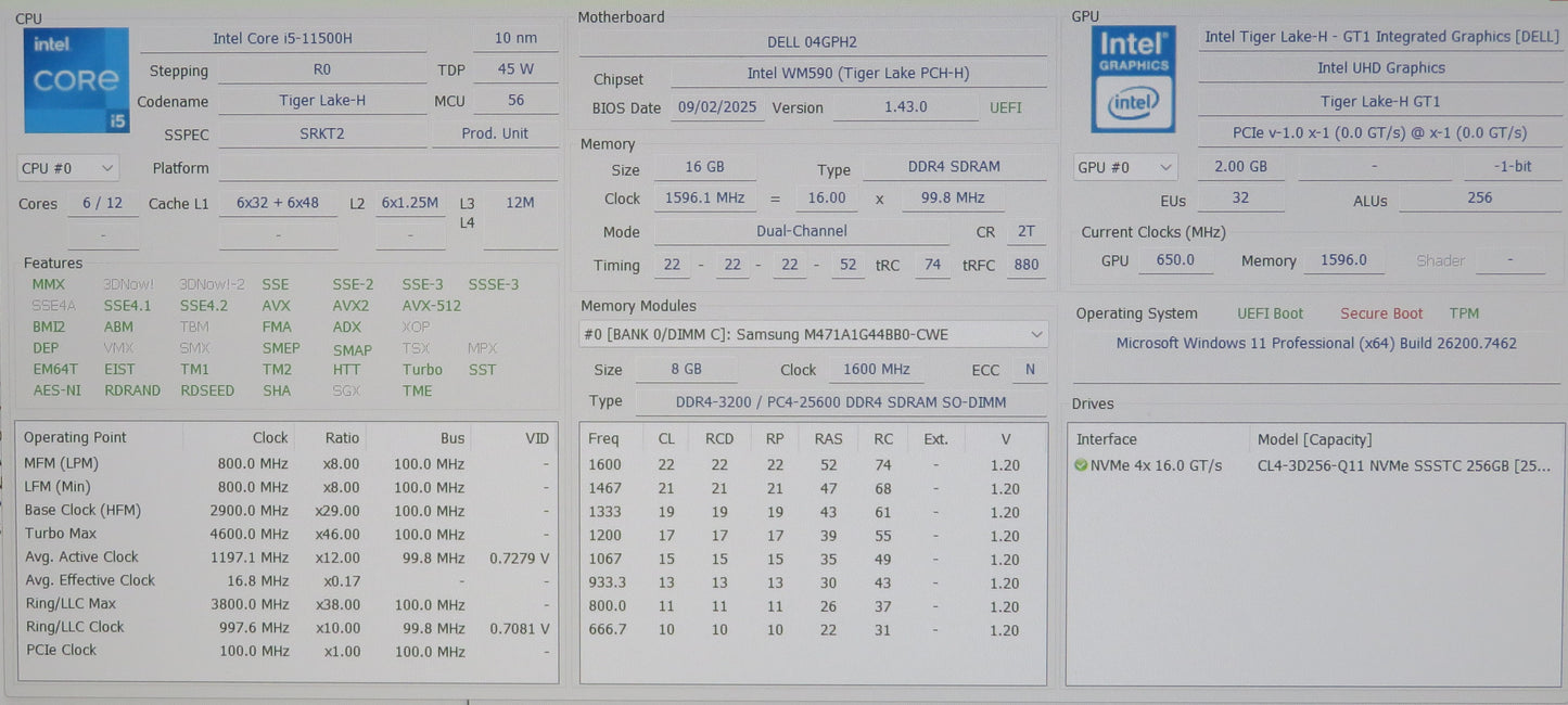 Dell Precision 7560 15in i5 11500H 2.9GHz 16GB RAM 256GB Win 11 Pro RTX A2000