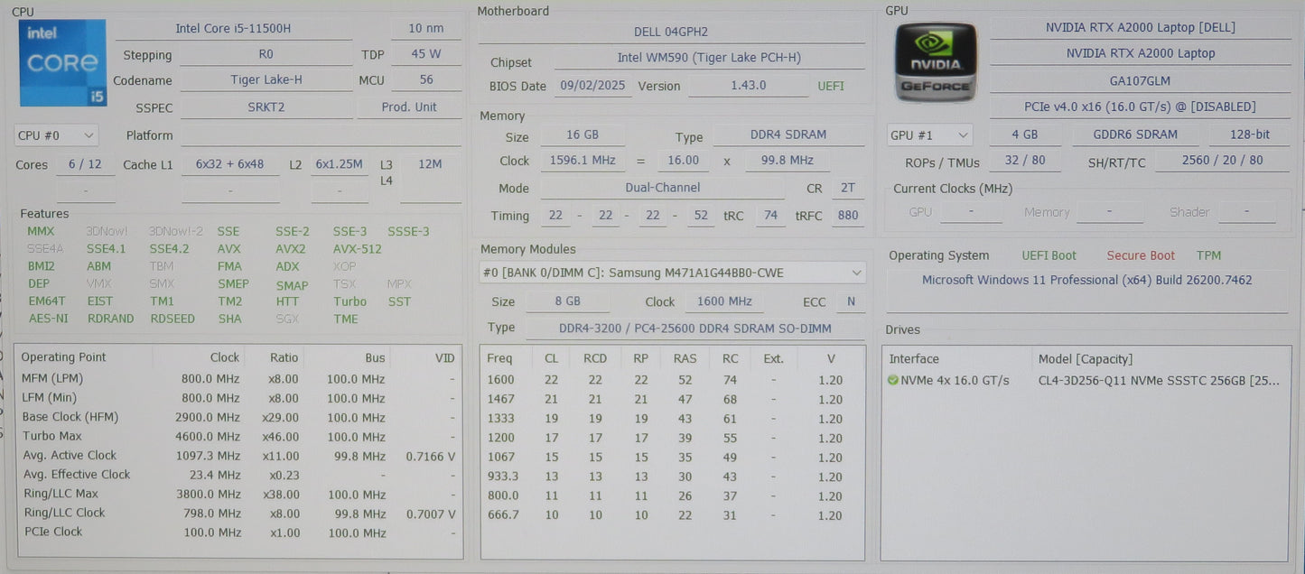 Dell Precision 7560 15in i5 11500H 2.9GHz 16GB RAM 256GB Win 11 Pro RTX A2000