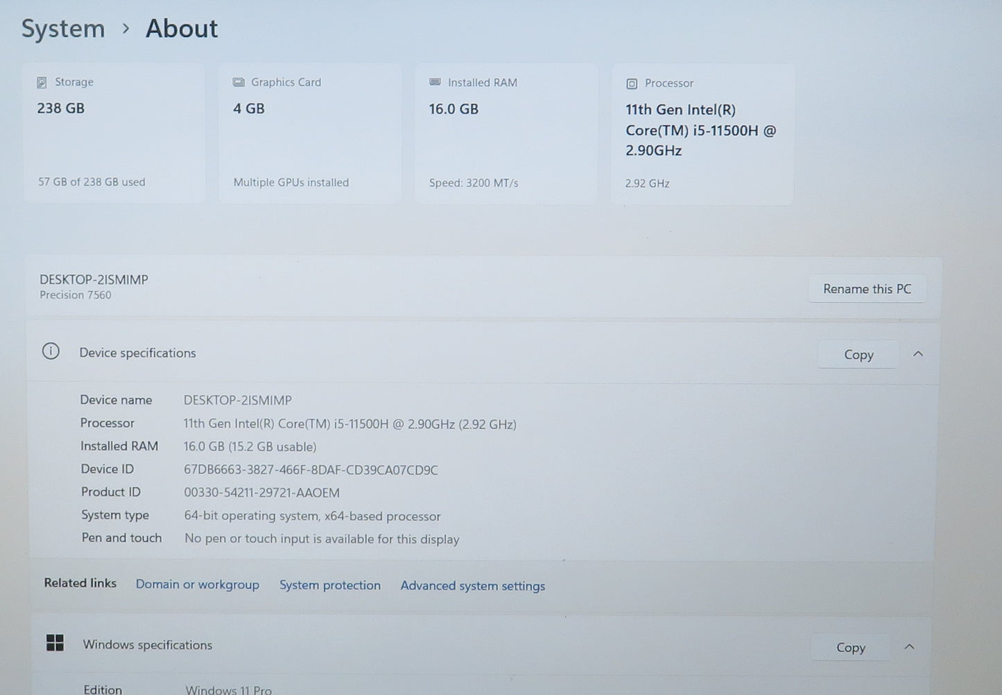 Dell Precision 7560 15in i5 11500H 2.9GHz 16GB RAM 256GB Win 11 Pro RTX A2000