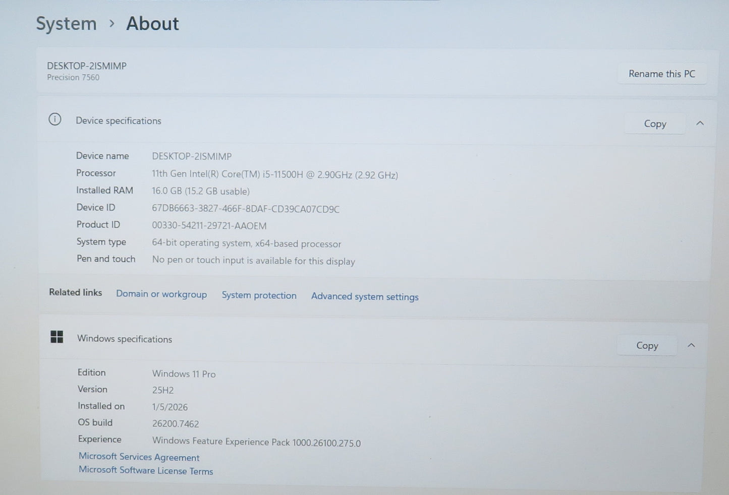 Dell Precision 7560 15in i5 11500H 2.9GHz 16GB RAM 256GB Win 11 Pro RTX A2000