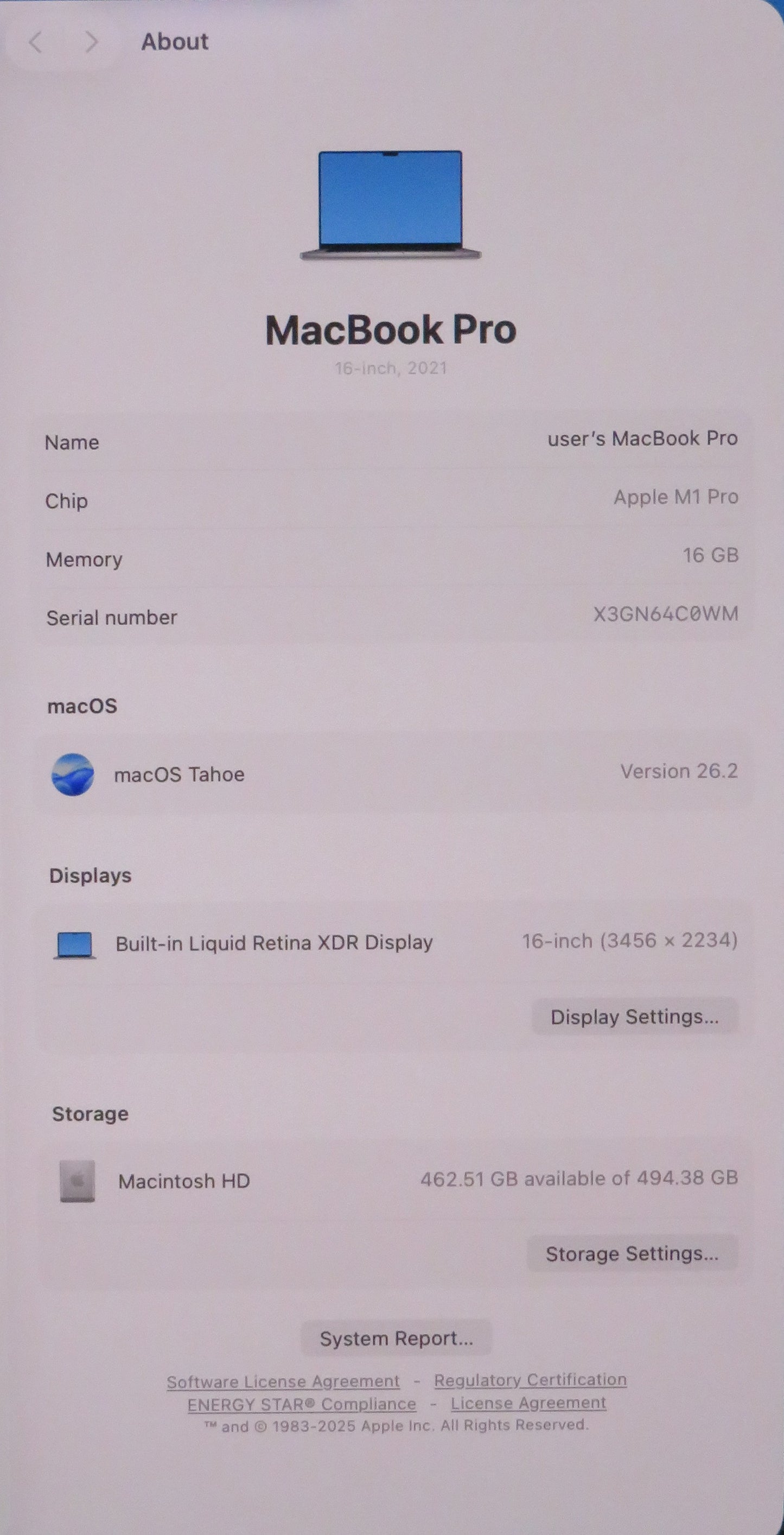 Apple Macbook Pro 2021 16in Retina XDR M1 Pro 16GB RAM 512GB macOS A2485