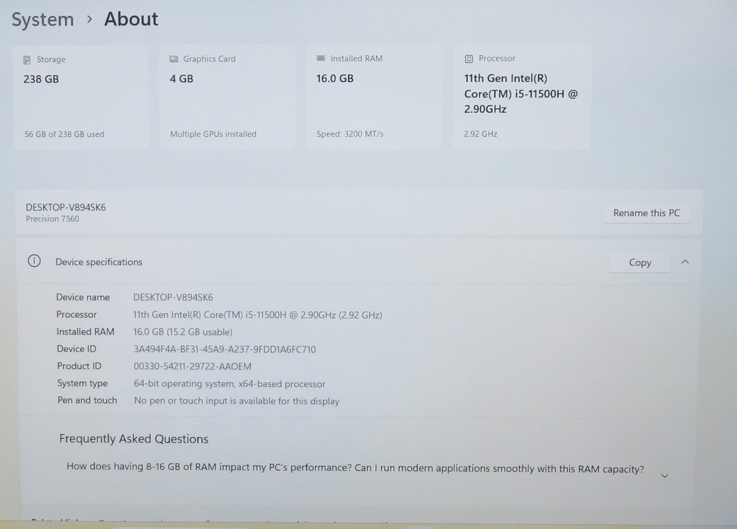 Dell Precision 7560 15in i5 11500H 2.9GHz 16GB RAM 256GB Win 11 Pro RTX A2000