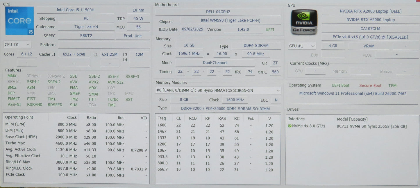 Dell Precision 7560 15in i5 11500H 2.9GHz 16GB RAM 256GB Win 11 Pro RTX A2000