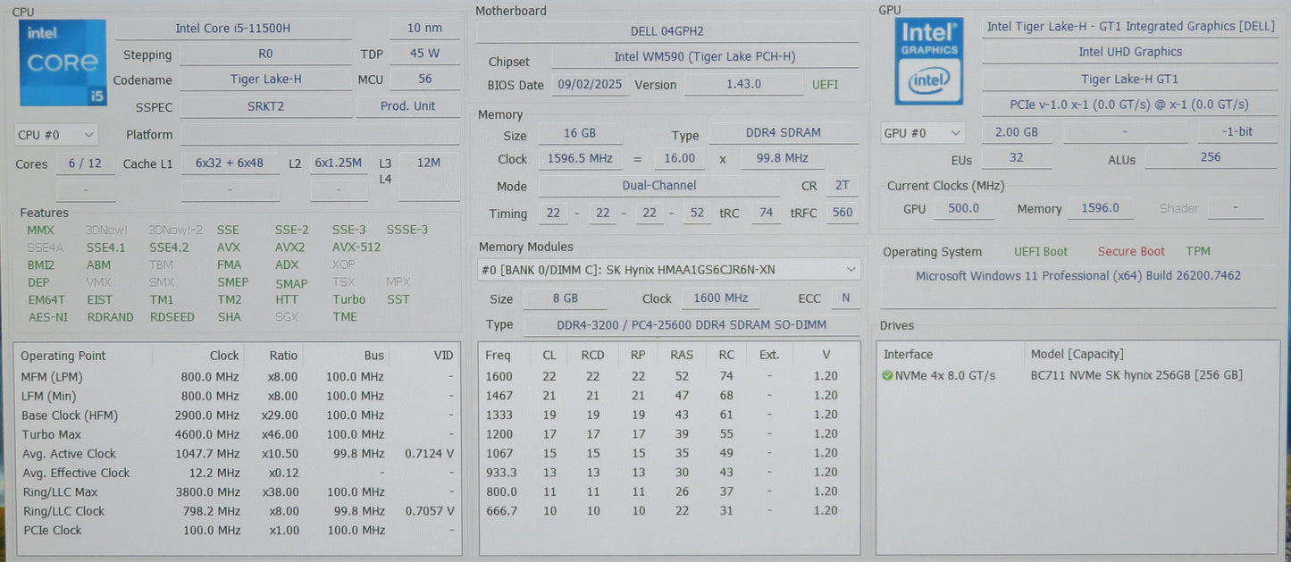 Dell Precision 7560 15in i5 11500H 2.9GHz 16GB RAM 256GB Win 11 Pro RTX A2000