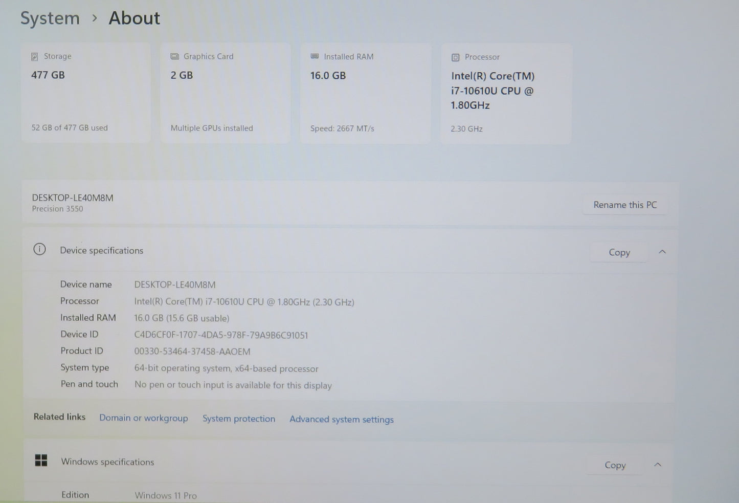 Dell Precision 3550 15in i7 10610U 1.8GHz 16GB RAM 512GB Win 11 Pro QUADRO P520