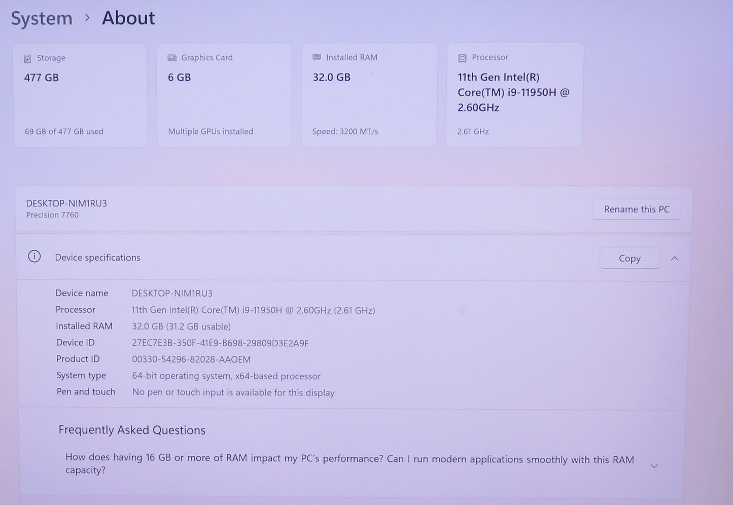 Dell Precision 7760 17in 4K i9 11950H 2.6GHz 32GB RAM 512GB Win 11 Pro RTX A3000