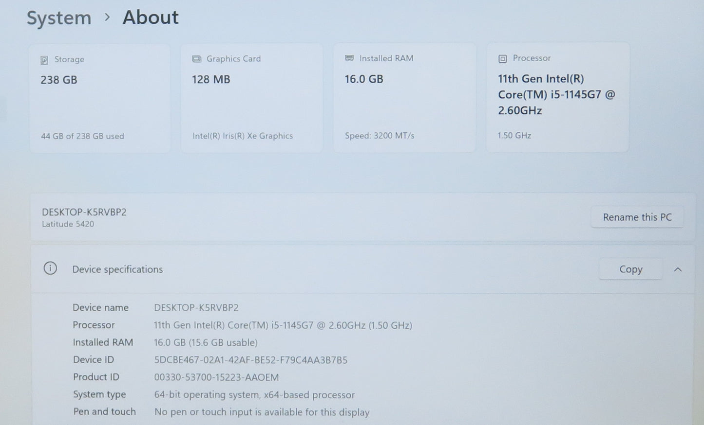 Dell Latitude 5420 14in i5 1145G7 2.6GHz 16GB RAM 256GB Win 11 Pro