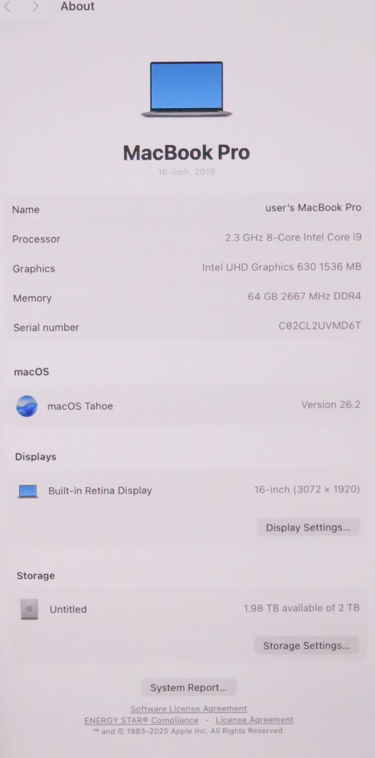 Apple MacBook Pro 2019 16in A2141 i9-9880H 2.3GHz 64GB RAM 2TB Sequoia 5500M