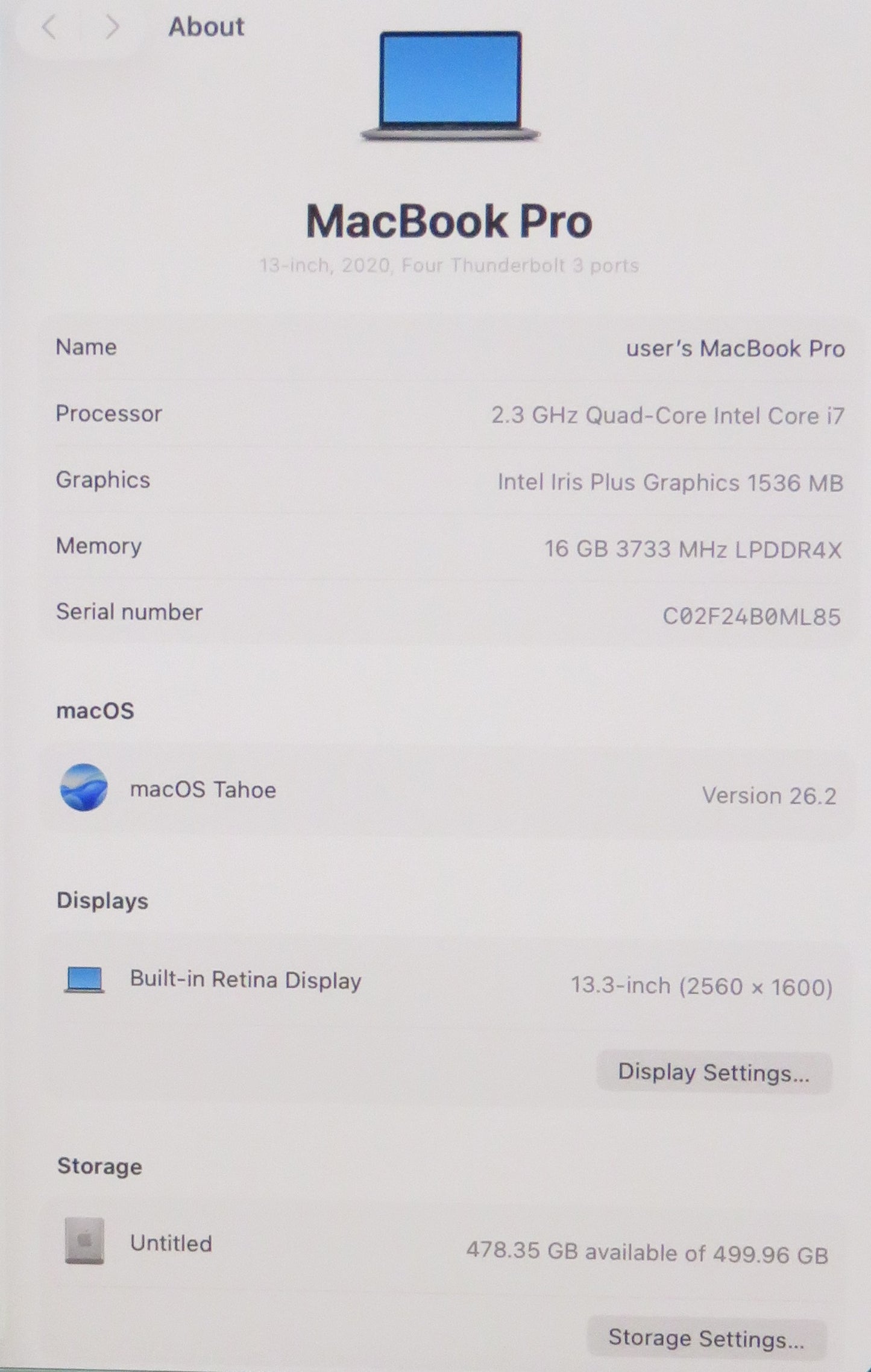 Apple MacBook Pro 2020 13in Retina i7 1068NG7 2.3GHz 16GB 512GB A2251 macOS