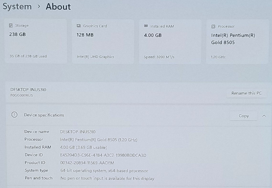 LENOVO IDEACENTRE AIO 3 22IAP7 PG-8505, 4GB MEMORY, 256SSD