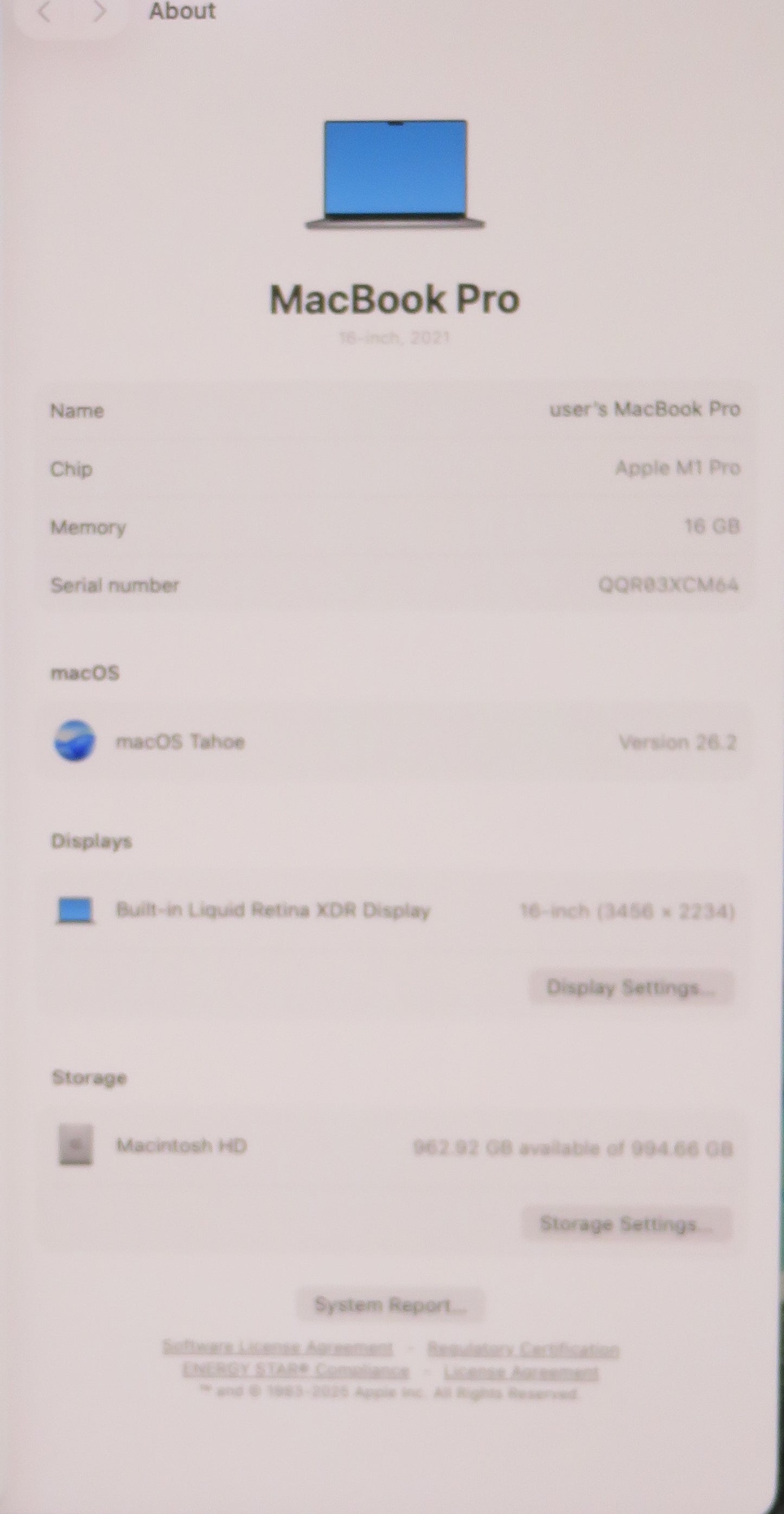 Apple Macbook Pro 2021 16in Retina XDR M1 Pro 16GB RAM 1TB macOS A2485